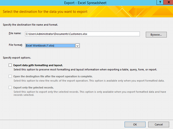 export access table design view to excel