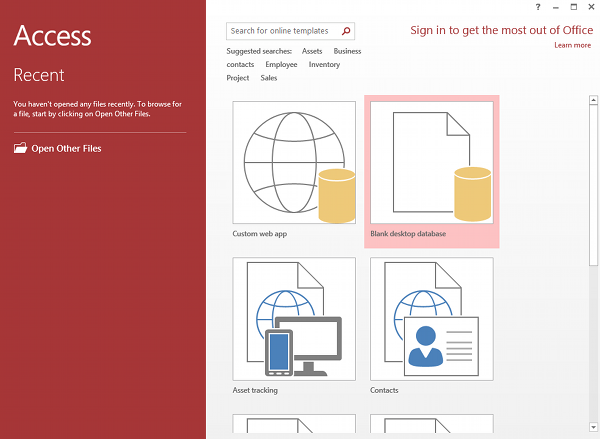 Screenshot of the Welcome screen in Microsoft Access 2013