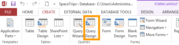 Screenshot of the Query Design button on the Ribbon in Access 2013