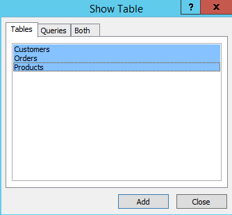 Screenshot of the Show Tables dialog in Microsoft Access 2013