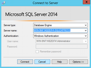 Screenshot of the Connect to Server prompt in SQL Server 2014