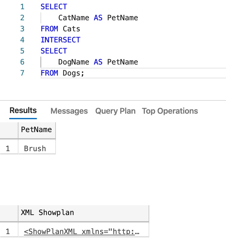 Screenshot of the Results tab, showing the query results and the XML Showplan.