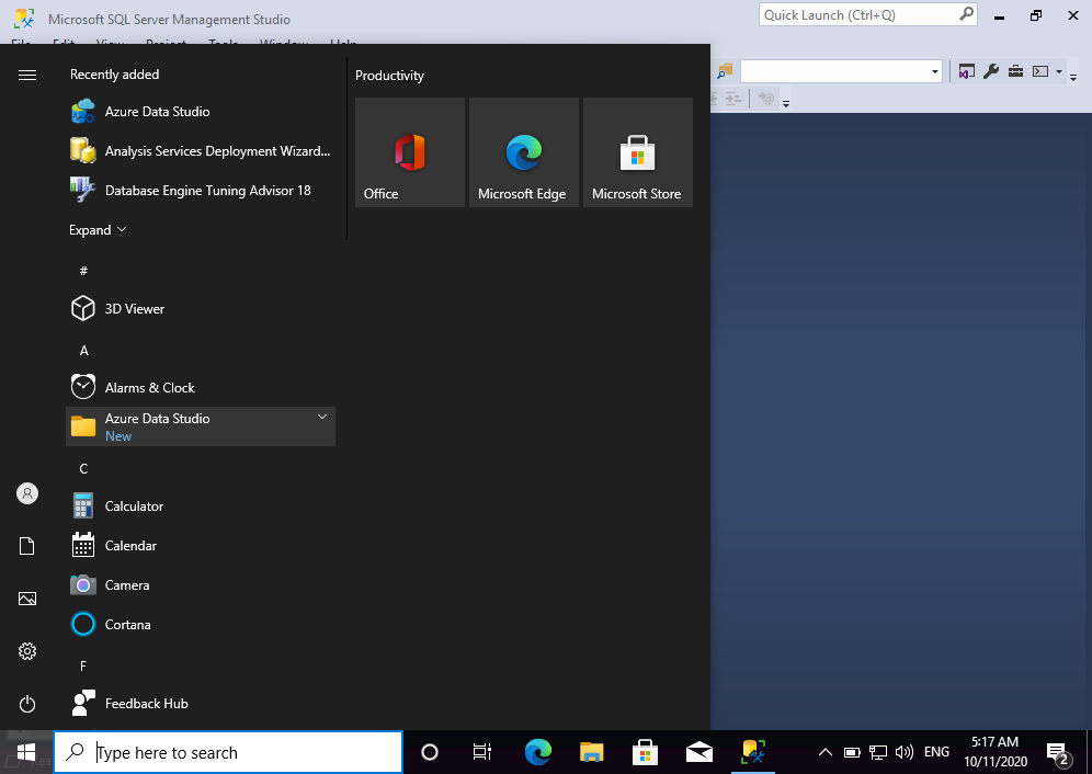Screenshot of the Azure Data Studio option in the Windows Start menu