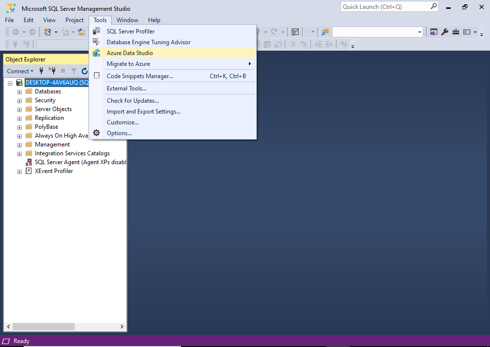 Screenshot of the Azure Data Studio option in the Tools menu of SSMS