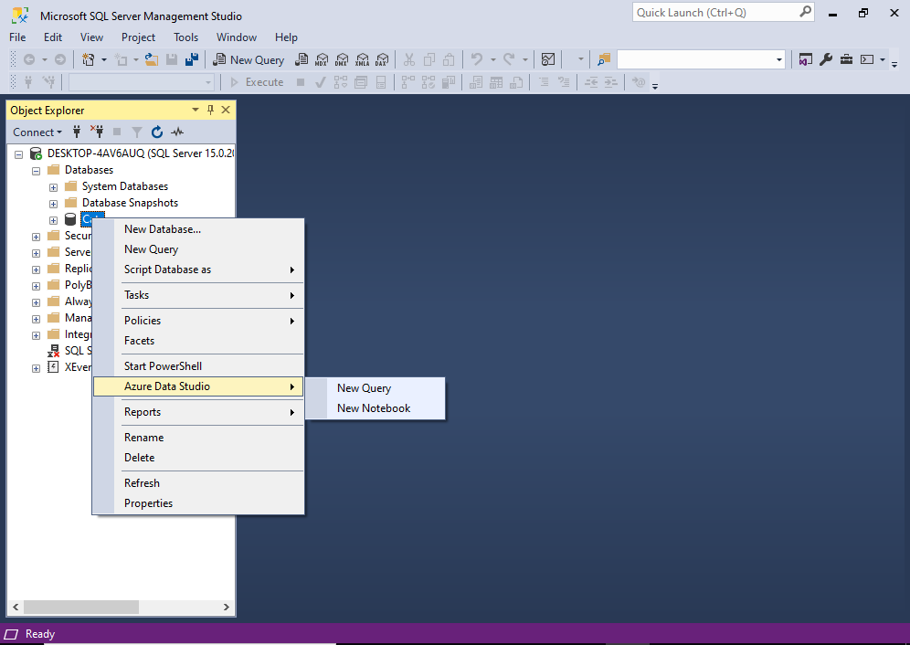 Screenshot of the Azure Data Studio option when right-clicking on a database in the SSMS Object Explorer