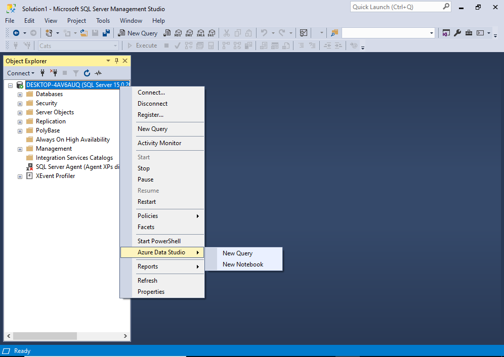 Screenshot of the Azure Data Studio option in the SSMS Object Explorer
