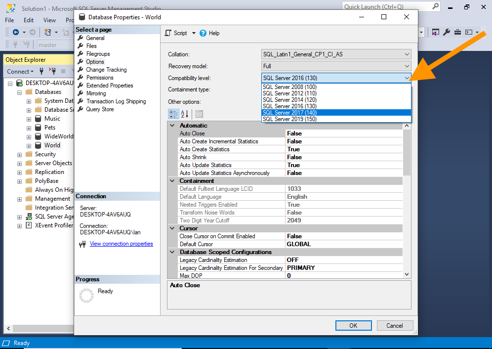 Screenshot of the Compatibility level dropdown opened to reveal the various compatibility levels