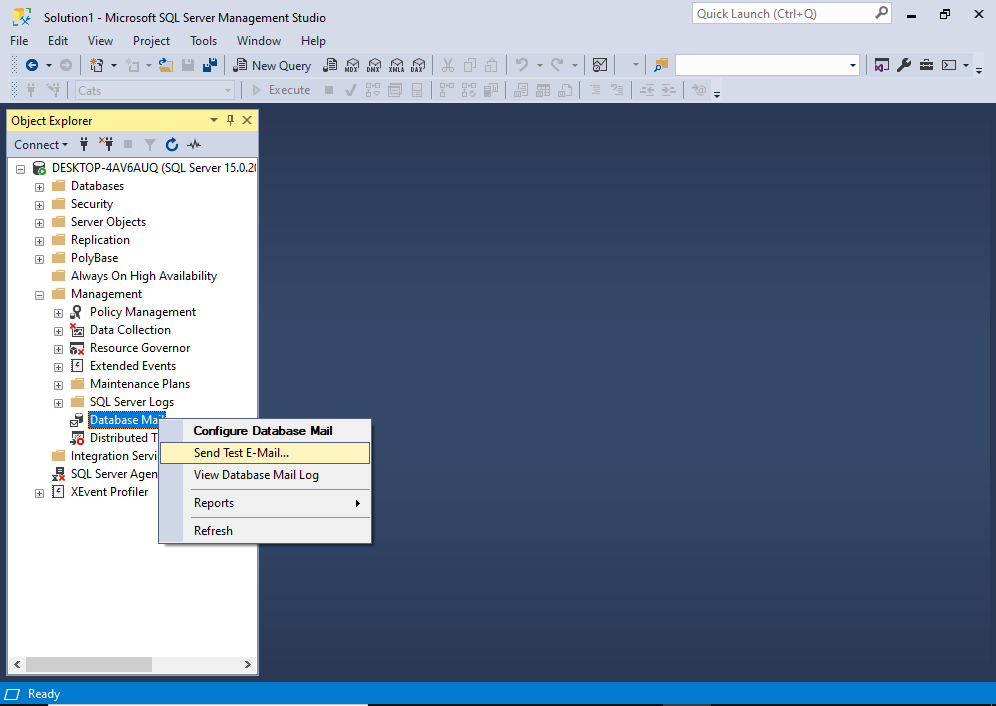 Screenshot of the Send Test E-Mail... option in the Object Explorer