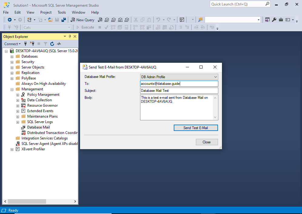 Screenshot of the Sent Test E-Mail dialog box