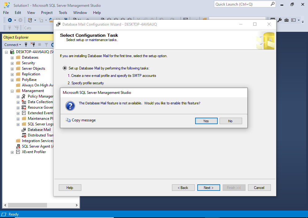 Screenshot of the dialog box asking to confirm that you want to enable Database Mail