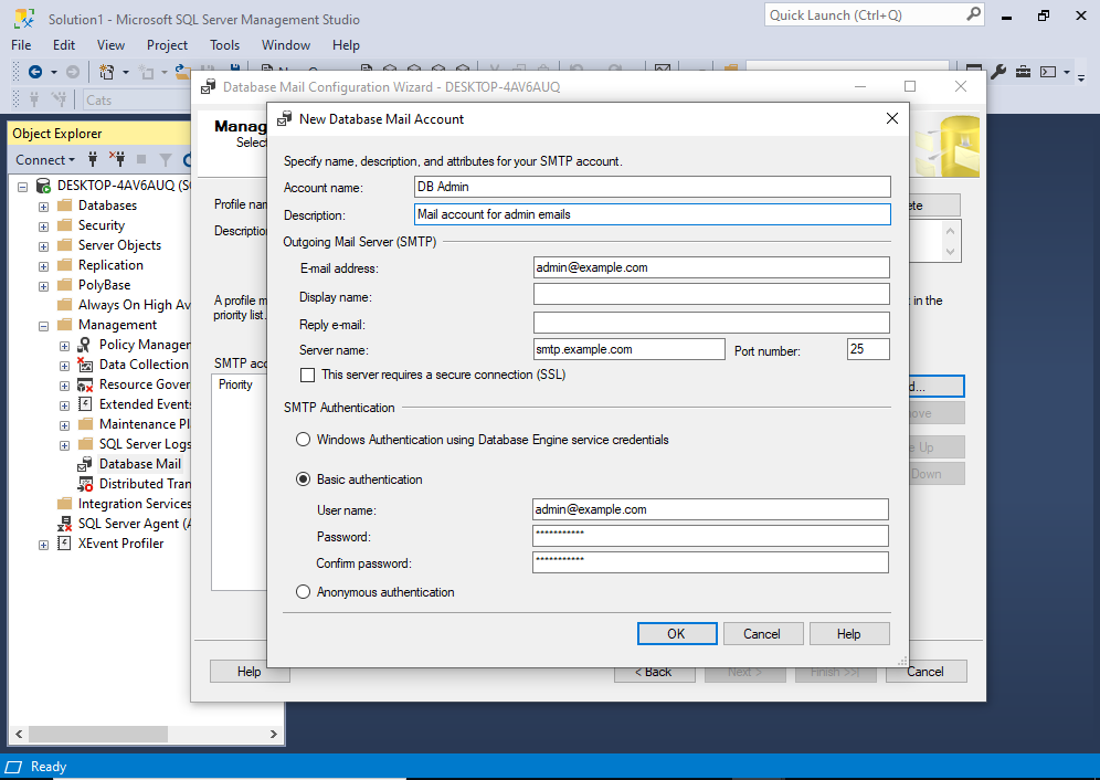 Screenshot of the New Database Mail Account dialog box