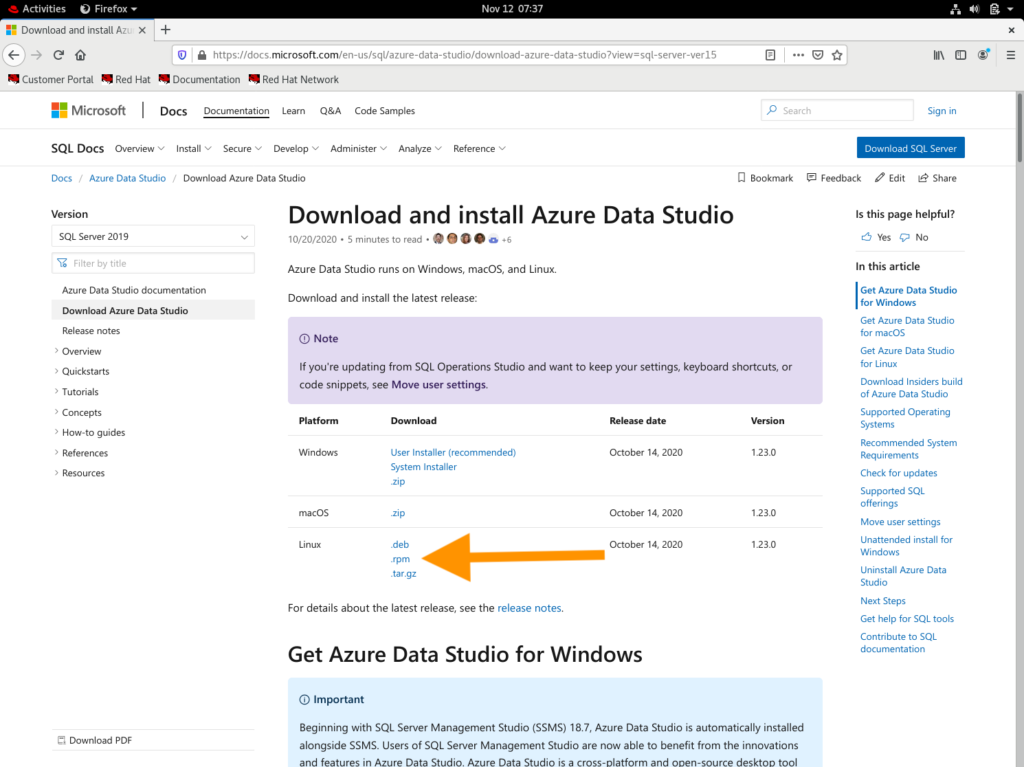 Screenshot of Microsoft's web page for downloading Azure Data Studio. Arrow pointing to the .rpm option.