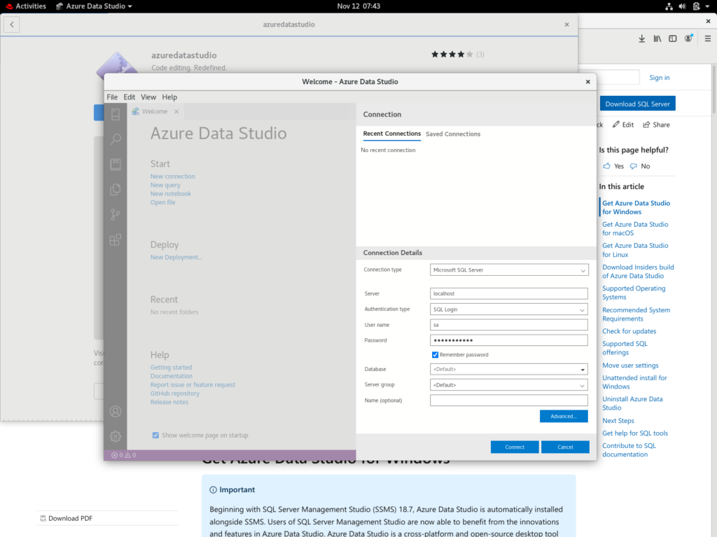 Screenshot of creating a new connection in Azure Data Studio
