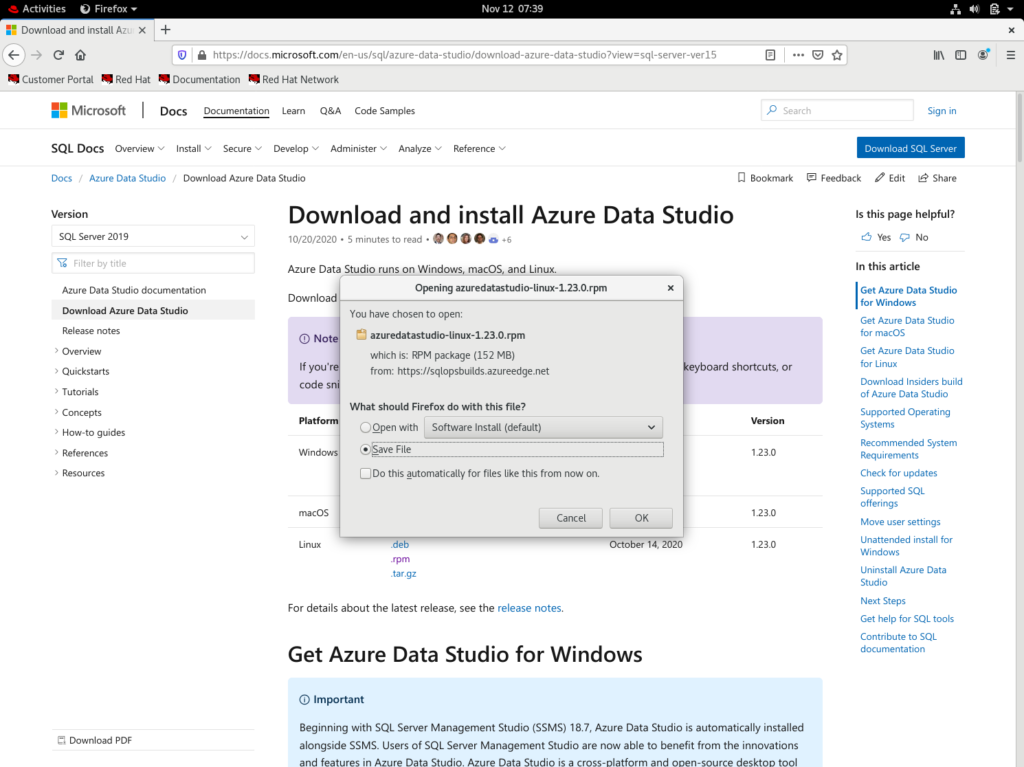 Screenshot after clicking the .rpm option on Microsoft's website to install Azure Data Studio