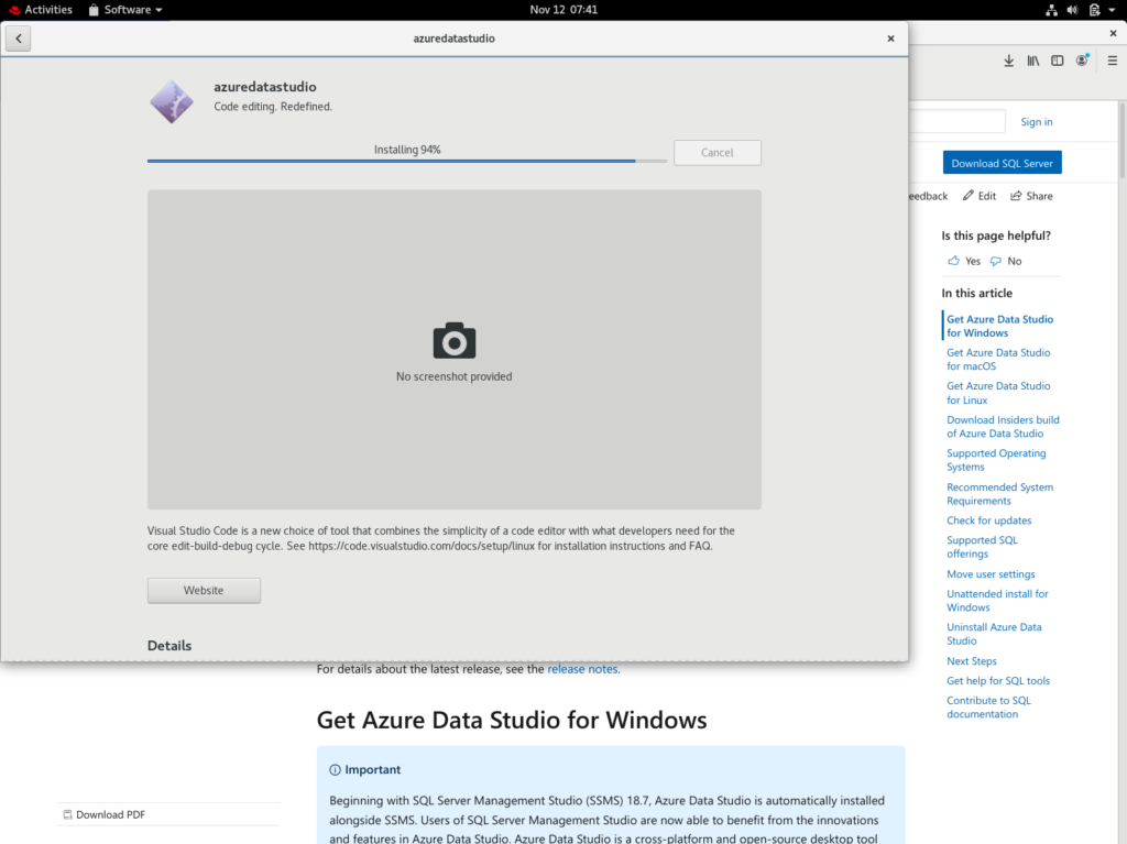 Screenshot of Azure Data Studio's installation in progress