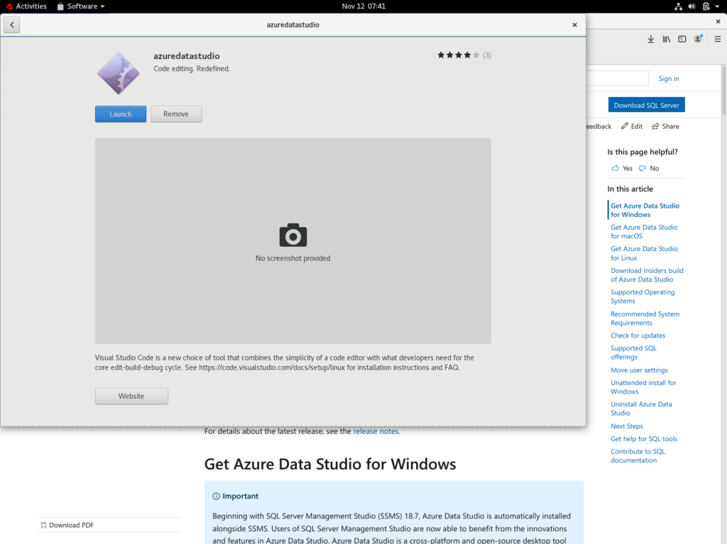 Screenshot of the Azure Data Studio installation wizard with the Launch and Remove buttons
