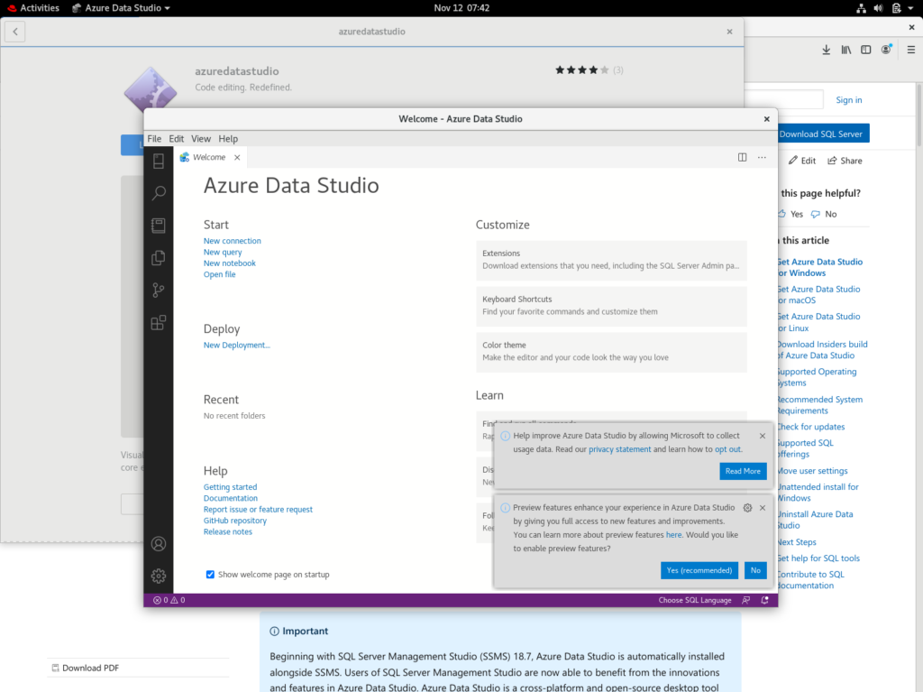 Screenshot of Azure Data Studio after first launching it