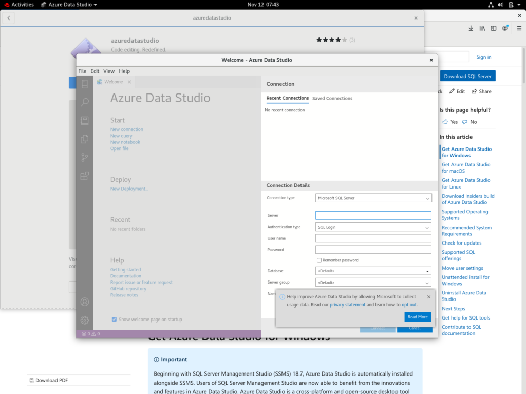 Screenshot of creating a new connection in Azure Data Studio