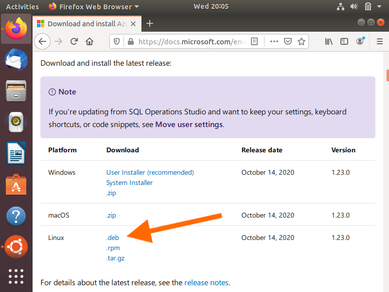 Screenshot of the Microsoft website for downloading Azure Data Studio, with an arrow pointing at the Linux .deb option