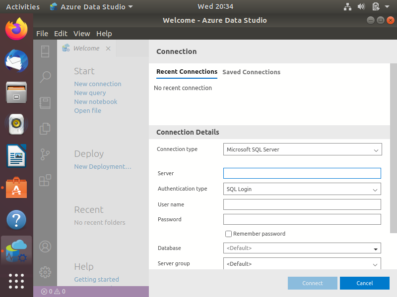 Screenshot of the New Connection box in Azure Data Studio