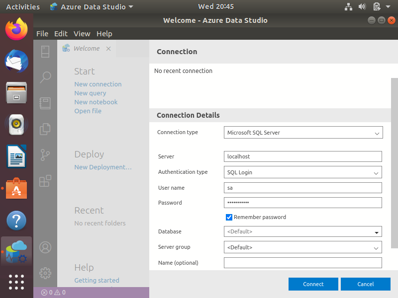 Screenshot of the New Connection box in Azure Data Studio with details filled in