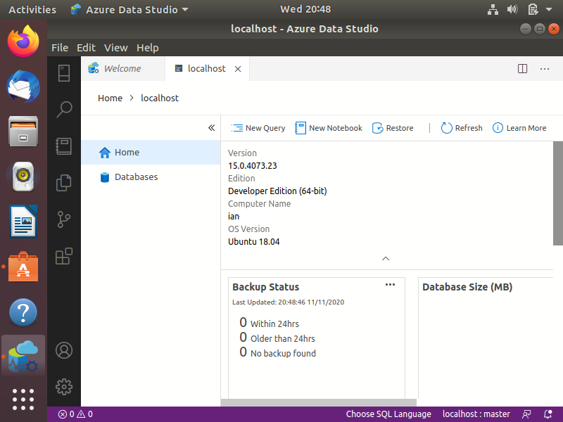 Screenshot of the Azure Data Studio after connecting