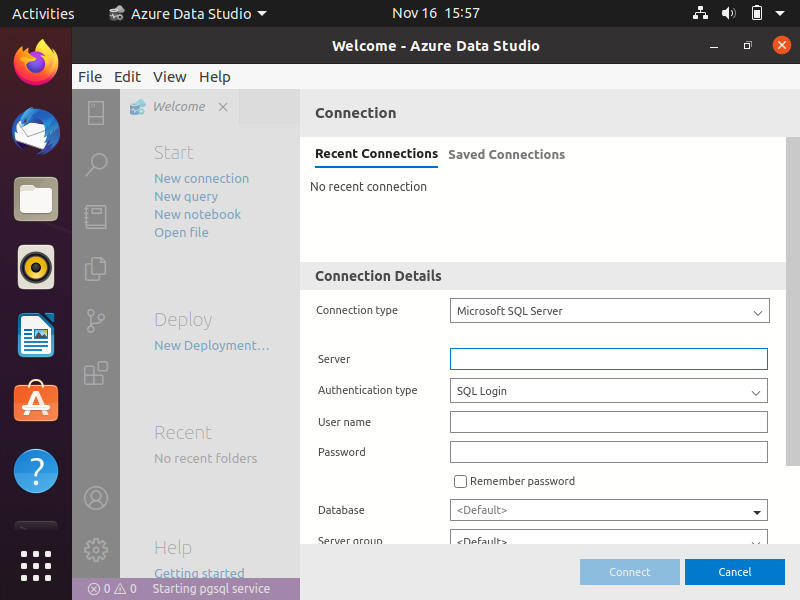Screenshot of the New Connection box in Azure Data Studio
