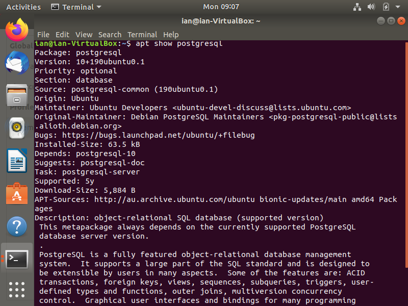 Screenshot of the terminal output showing the existing version of PostgreSQL