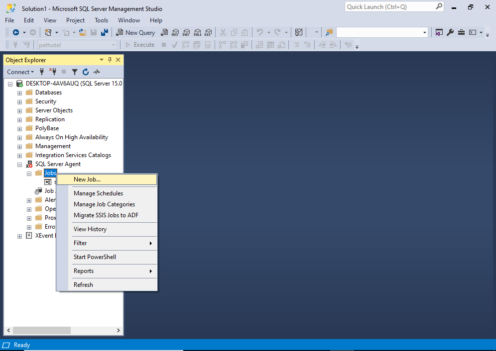 Screenshot of the SSMS contextual menu for SQL Agent jobs, with New Job highlighted.