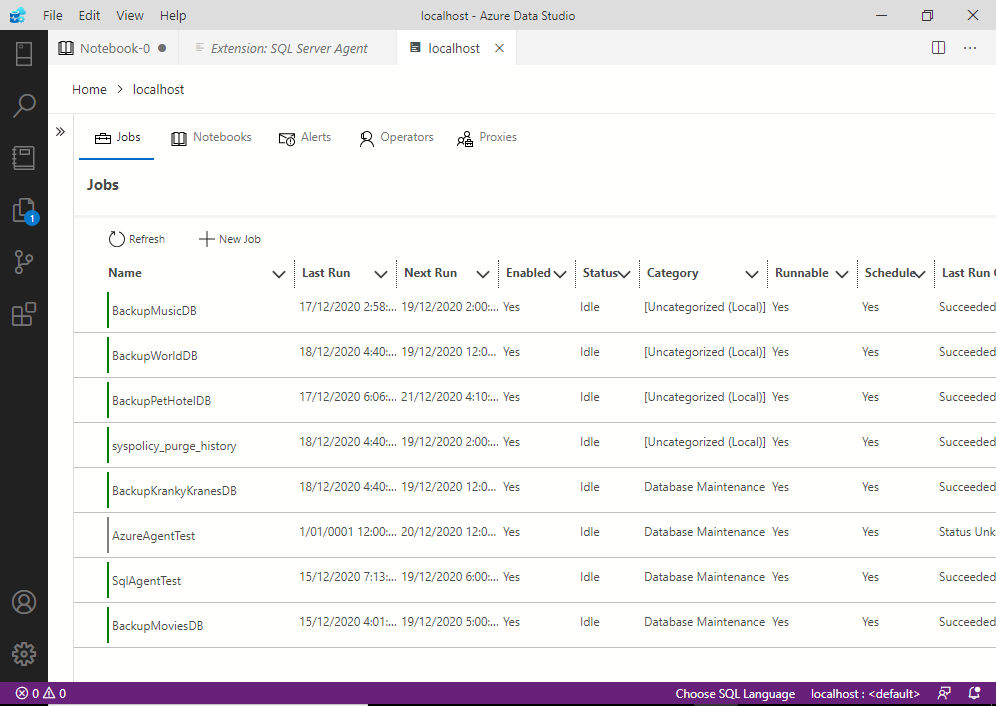 Screenshot of the SQL Server Agent jobs
