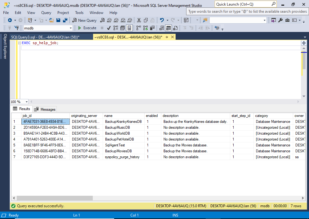 Screenshot of all the SQL Server Agent jobs