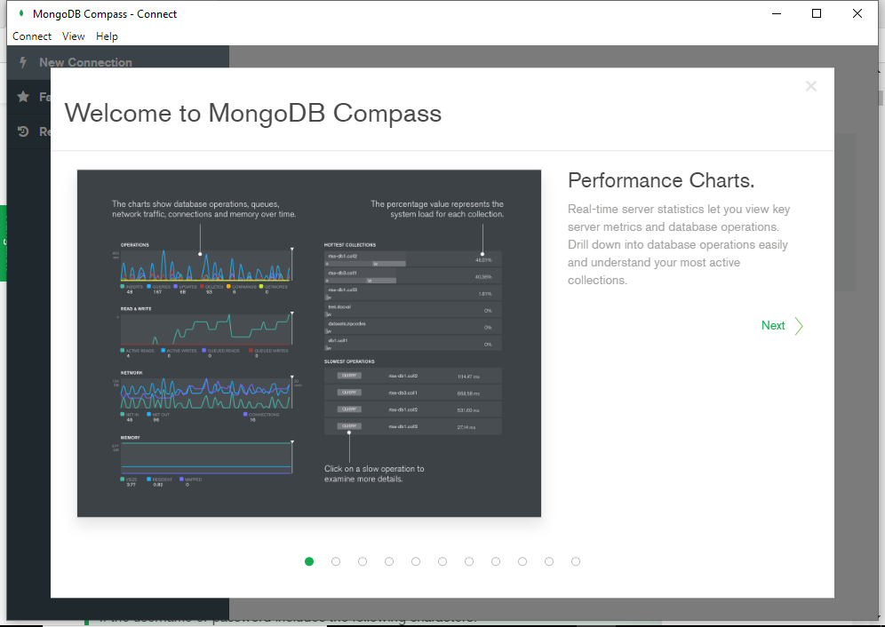 Screenshot of the MongoDB Compass Welcome screen