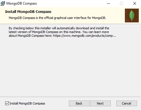 Screenshot of the Install MongoDB Compass screen.
