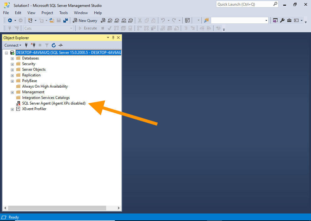 Screenshot of SSMS with an arrow pointing at the SQL Server Agent, with Agent XPs disabled.