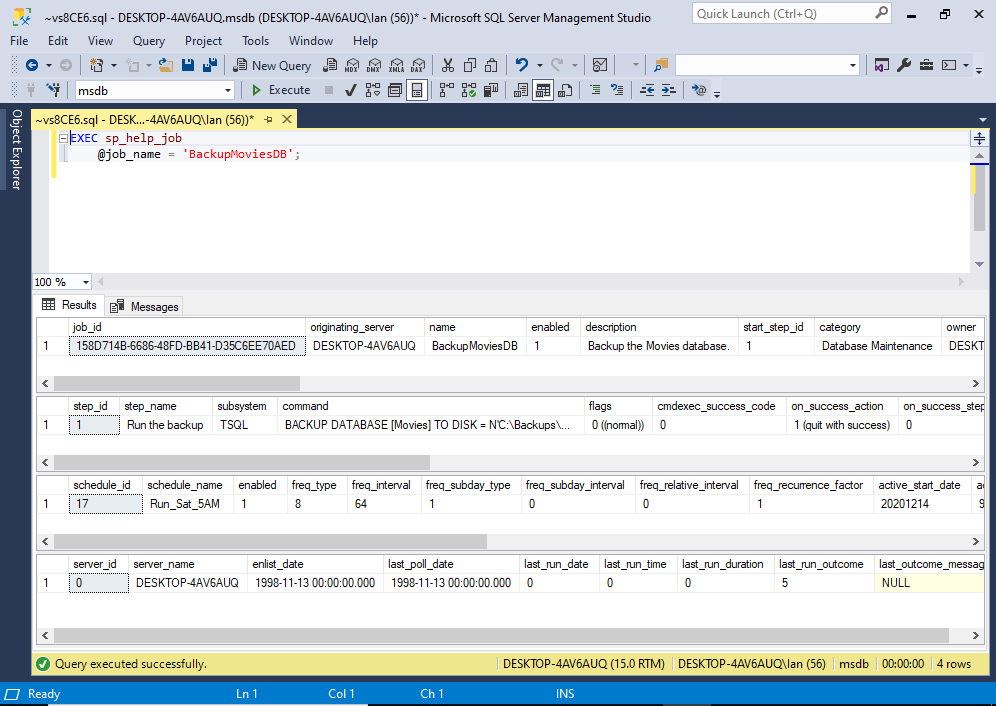 Screenshot of the results of the sp_help_job stored procedure.