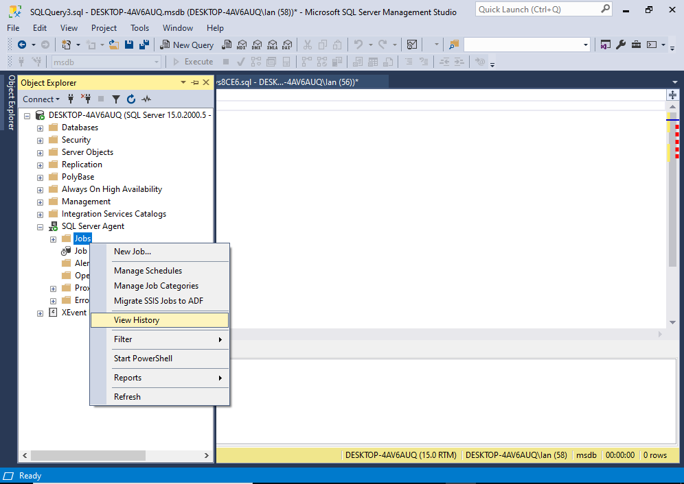 Screenshot of SSMS with the SQL Server Agent node expanded.