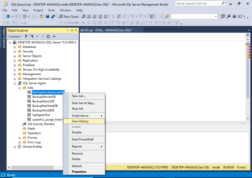 Screenshot of SSMS with the contextual menu open for a specific SQL Server Agent job