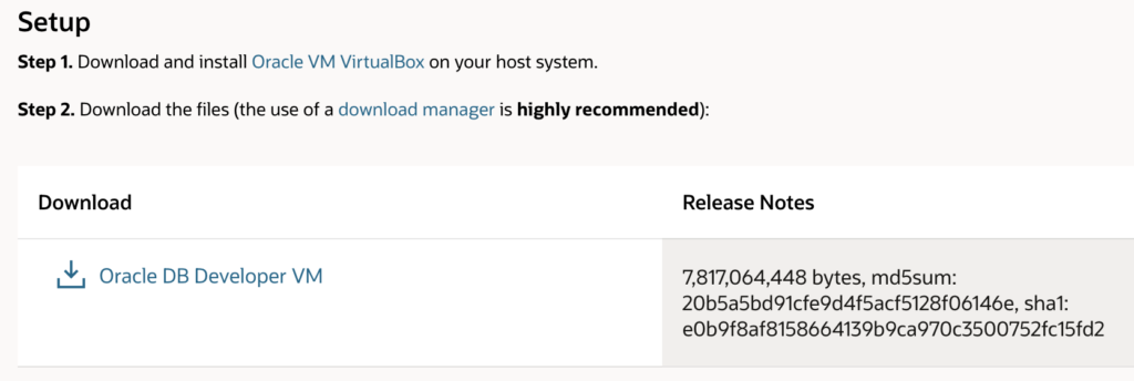 Screenshot of the link to download Oracle DB Developer VM