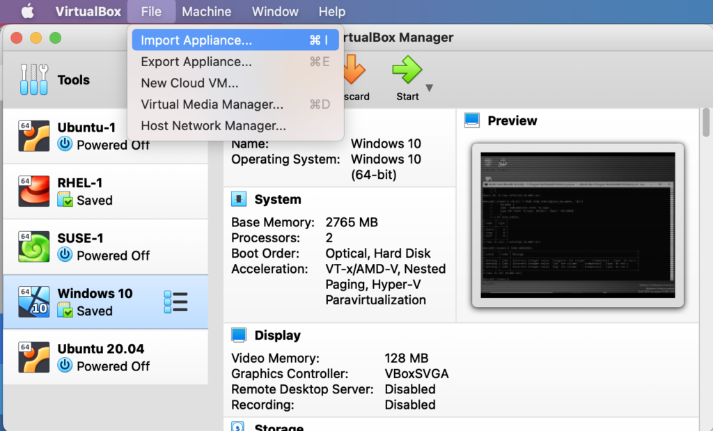 Screenshot of VirtualBox with the Import Appliance option highlighted