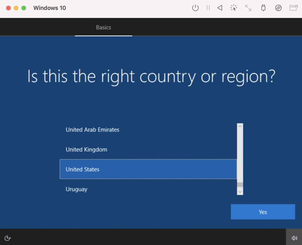 Screenshot of starting the Windows installation (Country selection).
