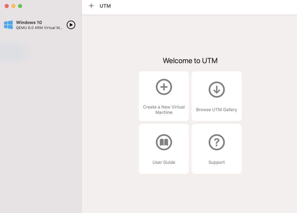 Screenshot of UTM with our new virtual machine listed in the sidebar.