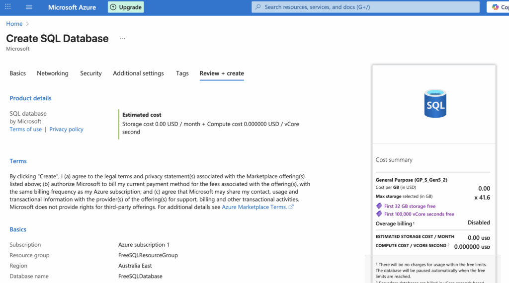 Screenshot of Review and Create screen