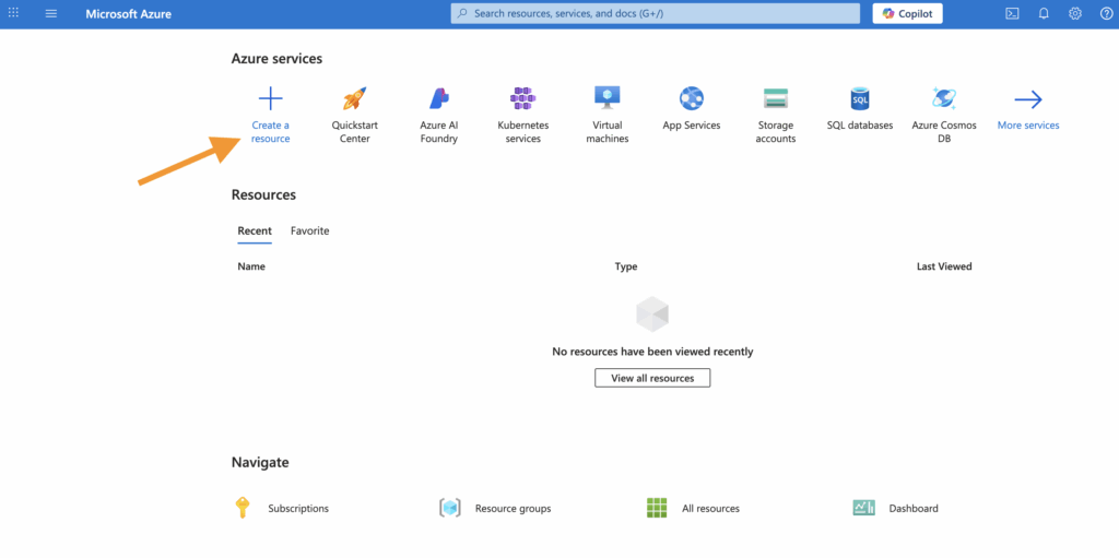 Screenshot of arrow pointing to the "Create a resource" option