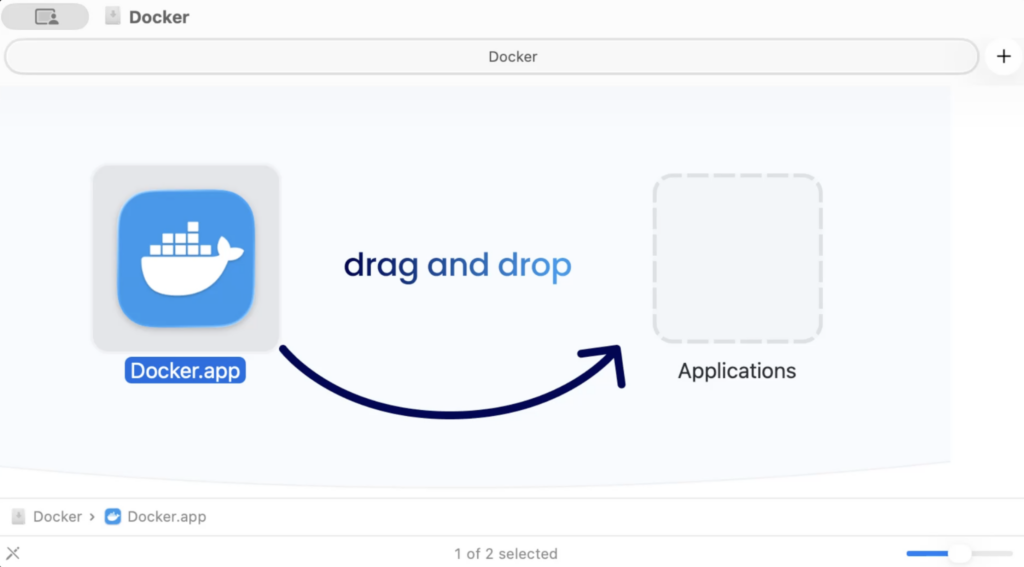 Screenshot of the installation box for dragging Docker.app to the Applications folder on a Mac