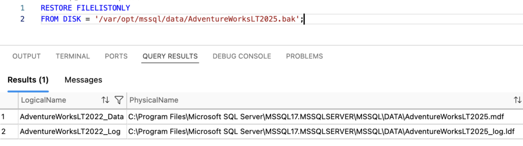 Screenshot of the logical file names and their physical paths for the AdventureWorksLT2025 database .bak file
