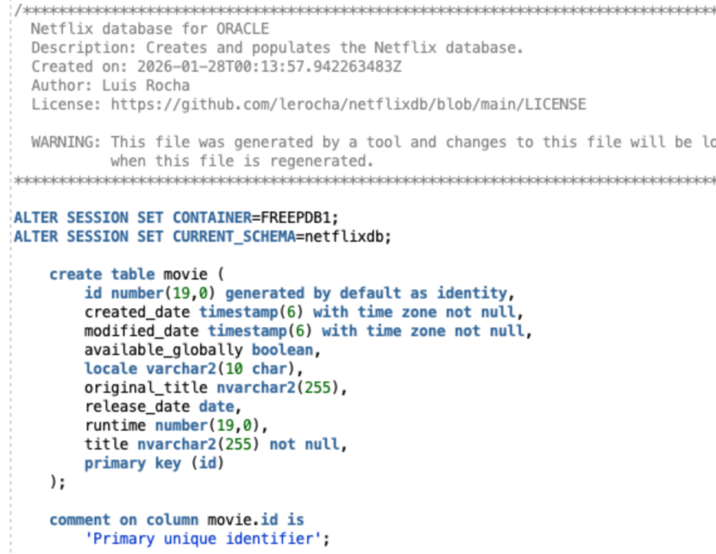 Screenshot of the script used to create the sample Netflix DB in Oracle