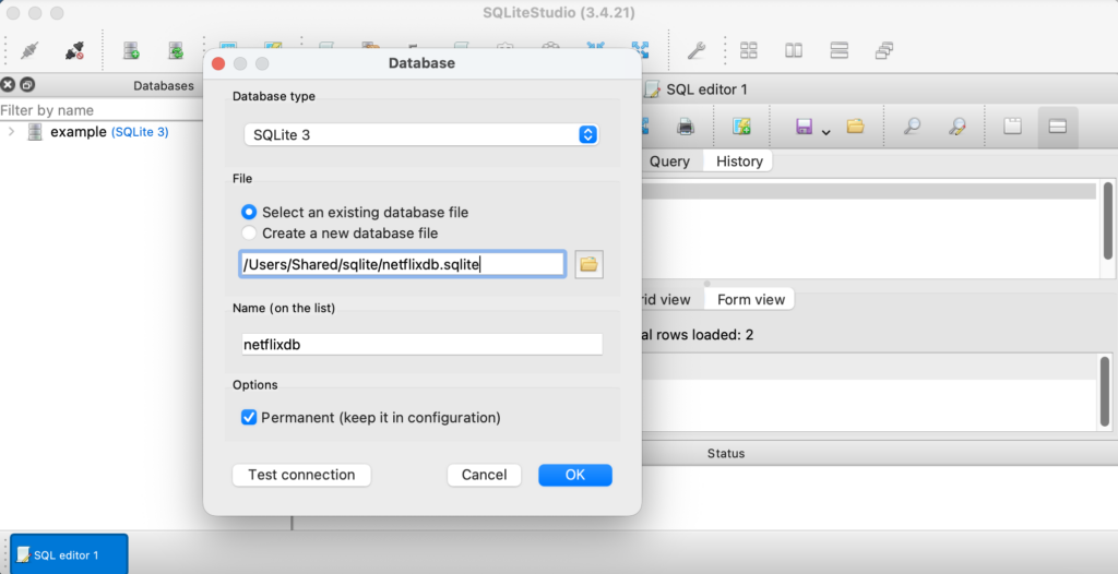 Screenshot of opening the Netflix sample database in SQLiteStudio